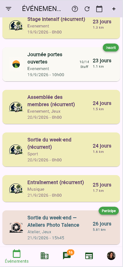Liste des événements proposée aux membres Hobby Events